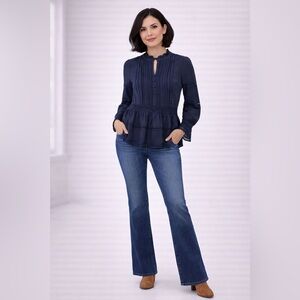 Octavia Navy Ruffled Peplum Blouse with Mandarin Collar